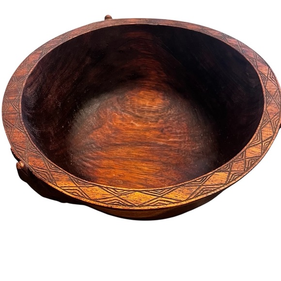 Antique Hand Carved Wooden Bowl Lizards Geckos Incised New Guinea Attributed 11” - Picture 2 of 13